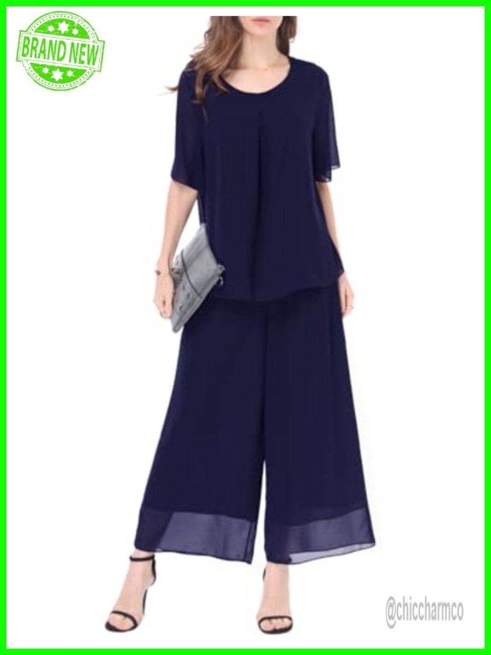 2 Piece Chiffon Pantsuit Set Ruffle Blouse Wide Leg Palazzo Pants Summer